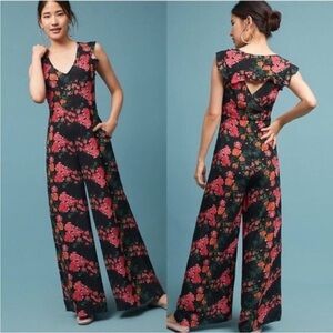 NWT Anthropologie Plenty Tracy Reese Lauretta Floral Wide Leg Jumpsuit Black - M